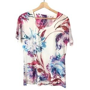 Essentials by Sioni White & Blue Floral Scoop‎ Neck Short Sleeve Top S